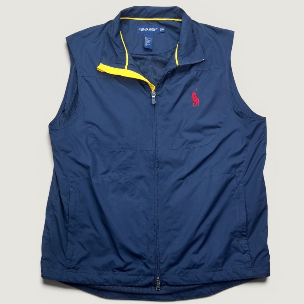 Polo Golf Ralph Lauren Mens M Vest Navy Blue Yellow Trim Big Pony Full Zip